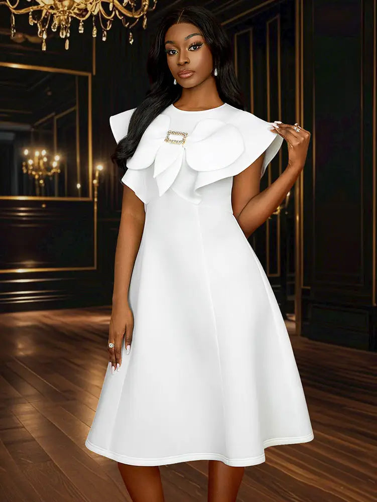 AOMEIDRESS Simple White Wedding Gown O Neck 3D Decoration Bow Dress