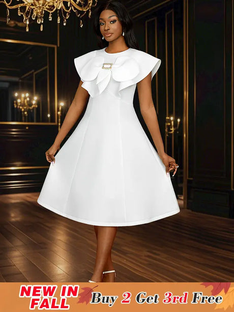AOMEIDRESS Simple White Wedding Gown O Neck 3D Decoration Bow Dress White / S