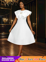 AOMEIDRESS Simple White Wedding Gown O Neck 3D Decoration Bow Dress White / S