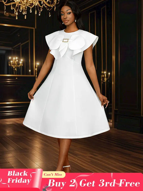 AOMEIDRESS Simple White Wedding Gown O Neck 3D Decoration Bow Dress White / S