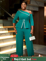 AOMEIDRESS Slanted Shoulder Rhinestone Jumpsuit for Party Christmas Green / S