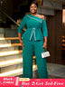 AOMEIDRESS Slanted Shoulder Rhinestone Jumpsuit for Party Christmas Green / S
