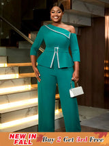 AOMEIDRESS Slanted Shoulder Rhinestone Jumpsuit for Party Christmas Green / S