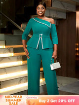 AOMEIDRESS Slanted Shoulder Rhinestone Jumpsuit for Party Christmas Green / S