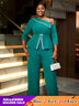 AOMEIDRESS Slanted Shoulder Rhinestone Jumpsuit for Party Christmas Green / S