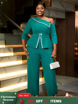 AOMEIDRESS Slanted Shoulder Rhinestone Jumpsuit for Party Christmas Green / S