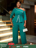 AOMEIDRESS Slanted Shoulder Rhinestone Jumpsuit for Party Christmas Green / S