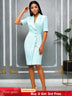AOMEIDRESS Slim Blazer Dress Short Sleeve Button Office Business Wear Blue / S