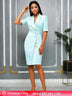 AOMEIDRESS Slim Blazer Dress Short Sleeve Button Office Business Wear Blue / S