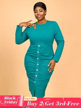 AOMEIDRESS Spring Wedding Guest Dress Round Neck Lace Up Pleated Green / S