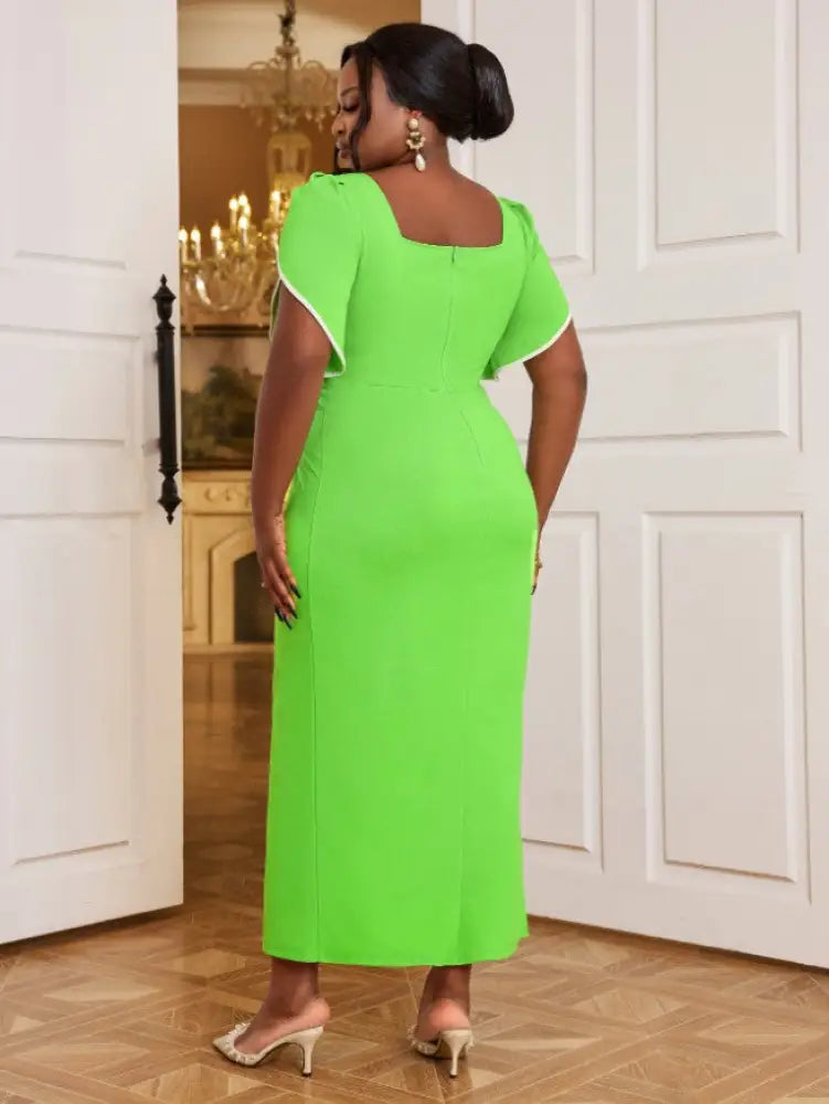 AOMEIDRESS Square Collar Dress Green Short Sleeves Asymmetrical Slit