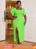 AOMEIDRESS Square Collar Dress Green Short Sleeves Asymmetrical Slit Green / S