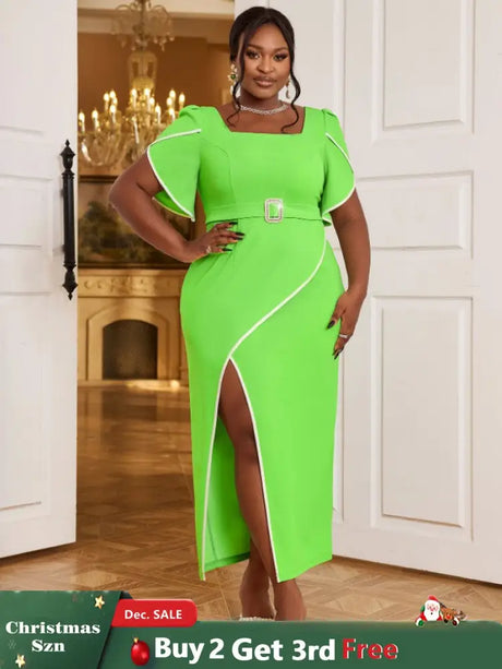 AOMEIDRESS Square Collar Dress Green Short Sleeves Asymmetrical Slit Green / S