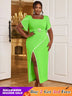 AOMEIDRESS Square Collar Dress Green Short Sleeves Asymmetrical Slit Green / S