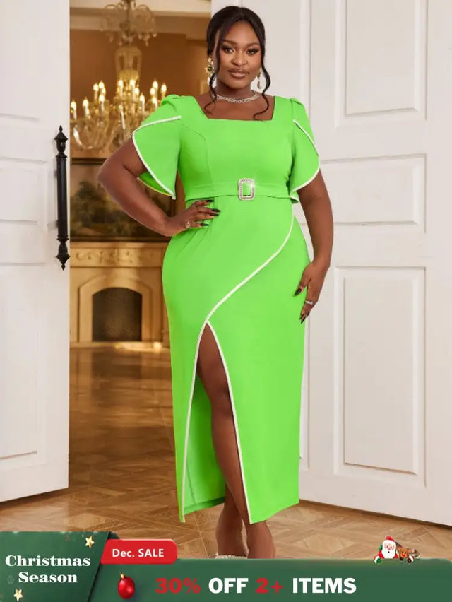 AOMEIDRESS Square Collar Dress Green Short Sleeves Asymmetrical Slit Green / S