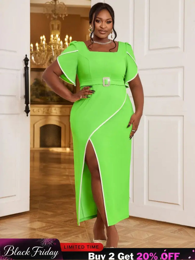 AOMEIDRESS Square Collar Dress Green Short Sleeves Asymmetrical Slit Green / S