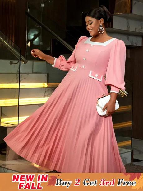 AOMEIDRESS Square Neck Pleated High Waist Color Blocked Maxi Dress Party
