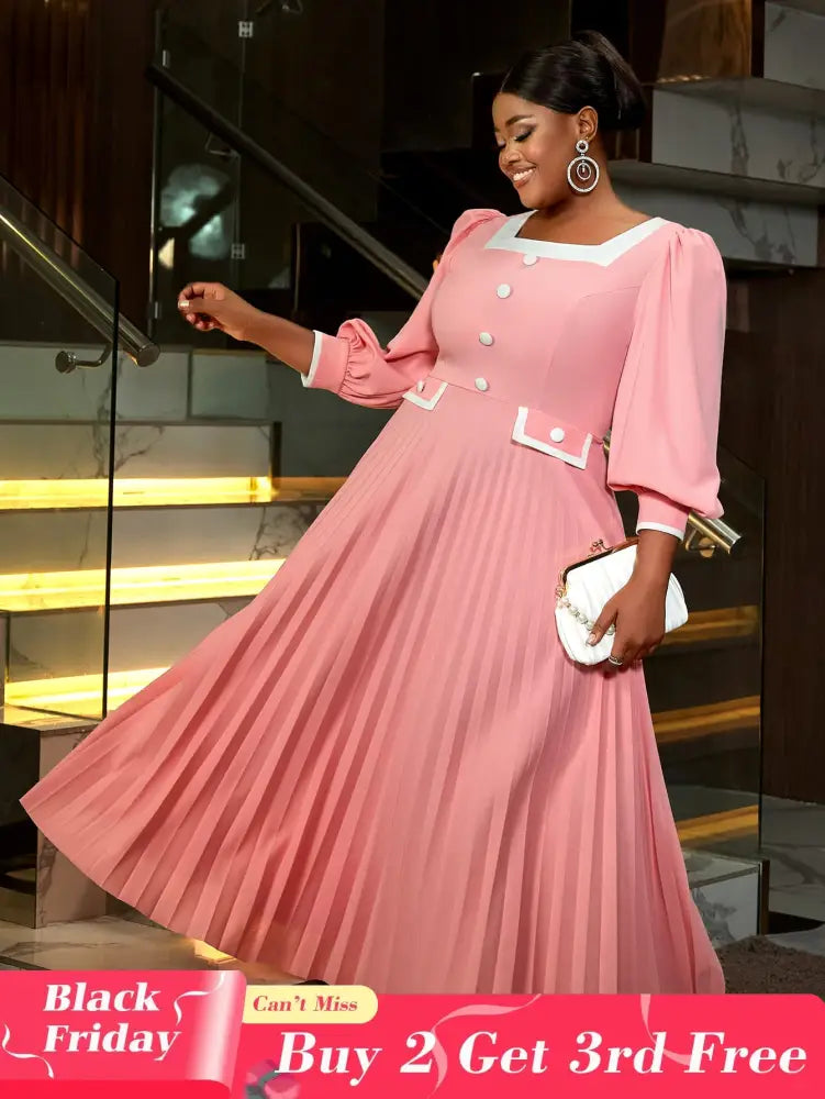 AOMEIDRESS Square Neck Pleated High Waist Color Blocked Maxi Dress Party
