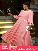 AOMEIDRESS Square Neck Pleated High Waist Color Blocked Maxi Dress Party
