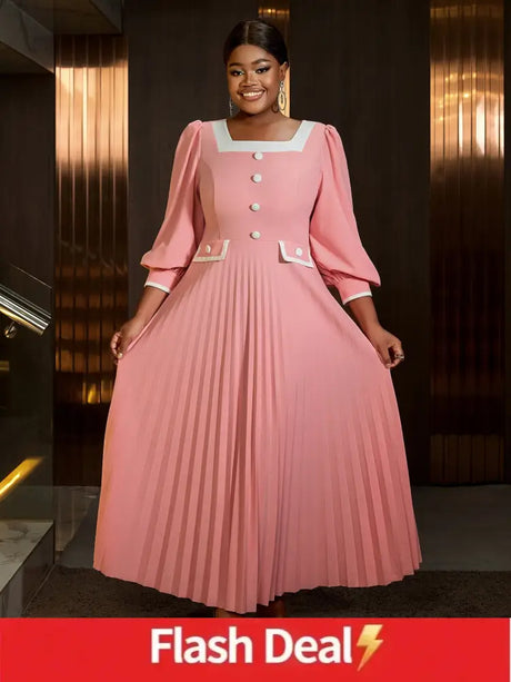 AOMEIDRESS Square Neck Pleated High Waist Color Blocked Maxi Dress Party Pink / S