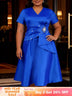 AOMEIDRESS Stain A Line Dresses Short Sleeves Ruffles Waist Beading - Blue / L
