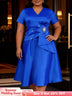 AOMEIDRESS Stain A Line Dresses Short Sleeves Ruffles Waist Beading - Blue / L