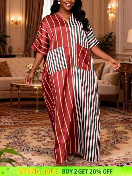 AOMEIDRESS Striped BuBu Dress V Neck Short Sleeves Pockets Patchwork - Striped / OneSize