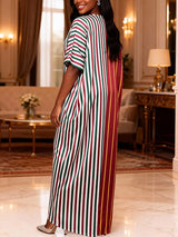 AOMEIDRESS Striped BuBu Dress V Neck Short Sleeves Pockets Patchwork - Striped / OneSize