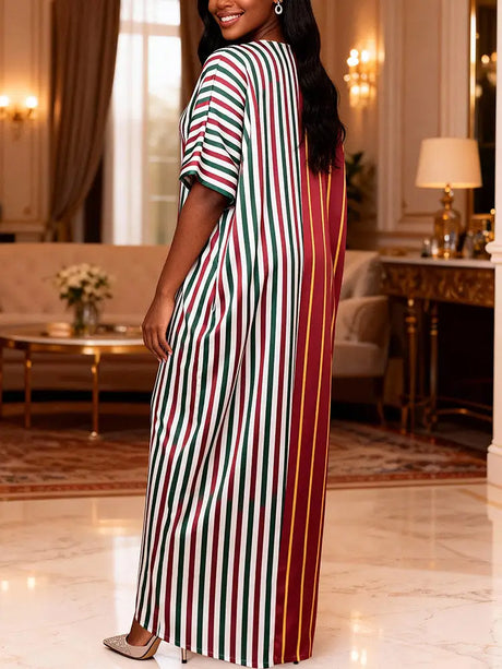 AOMEIDRESS Striped BuBu Dress V Neck Short Sleeves Pockets Patchwork - Striped / OneSize