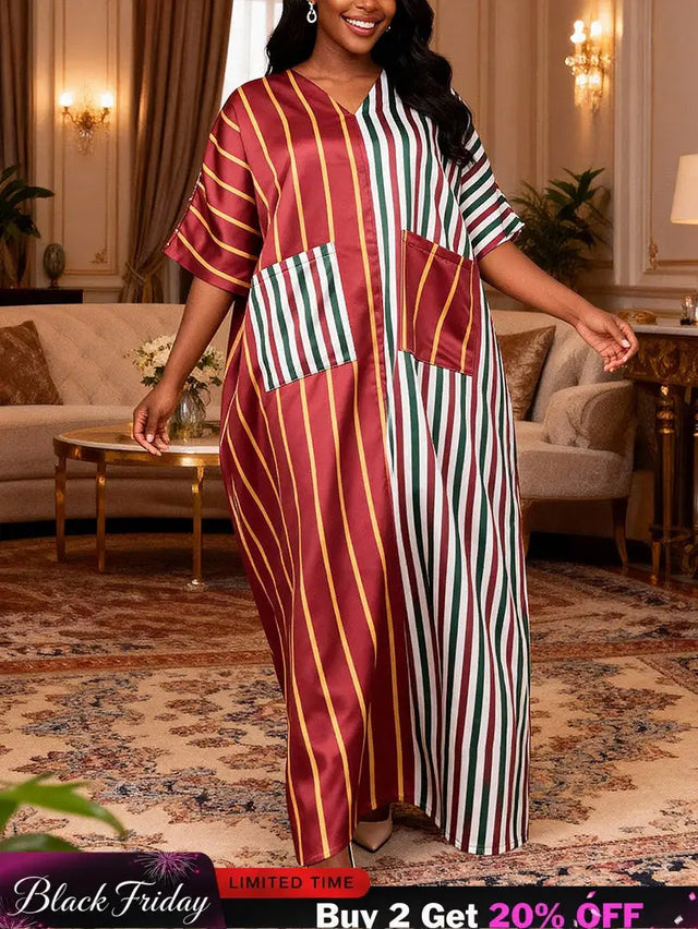 AOMEIDRESS Striped BuBu Dress V Neck Short Sleeves Pockets Patchwork - Striped / OneSize