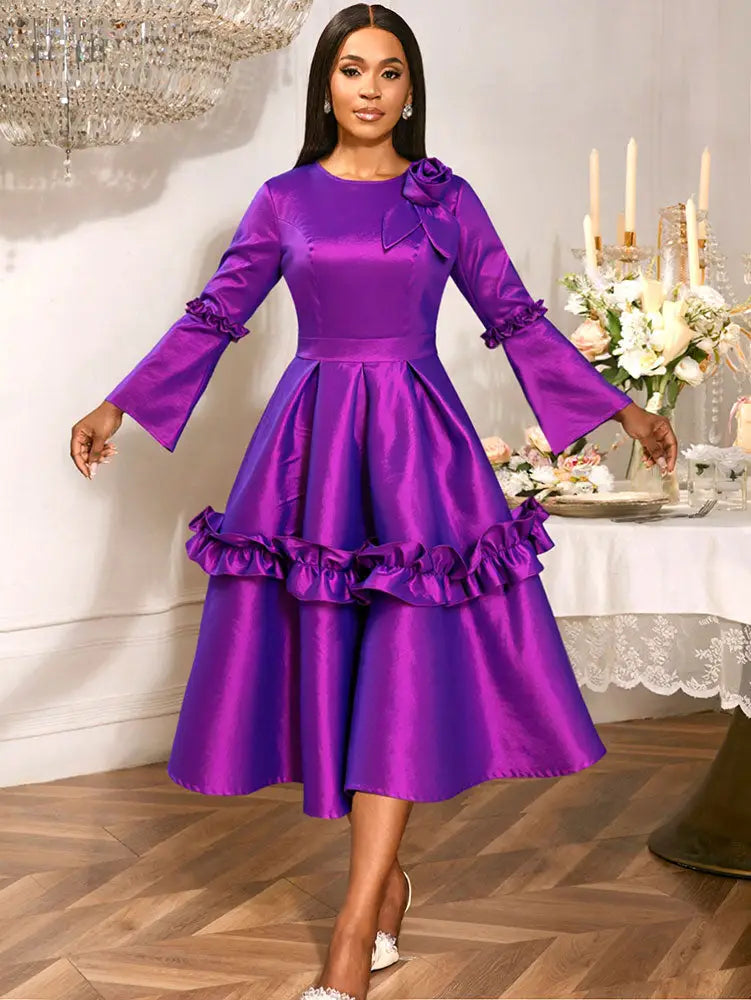 AOMEIDRESS Stylish A Line Dress Long Flare Sleeve 3D Flower Ruffles