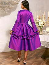 AOMEIDRESS Stylish A Line Dress Long Flare Sleeve 3D Flower Ruffles