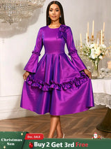 AOMEIDRESS Stylish A Line Dress Long Flare Sleeve 3D Flower Ruffles Purple / S