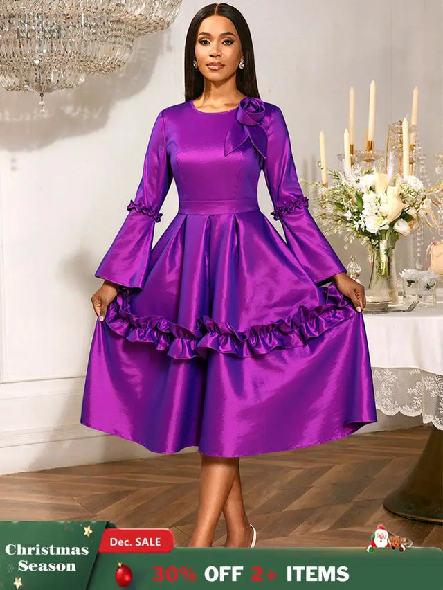 AOMEIDRESS Stylish A Line Dress Long Flare Sleeve 3D Flower Ruffles Purple / S