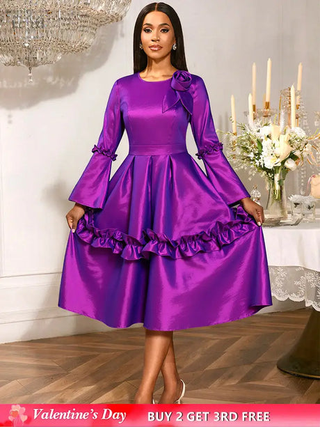 AOMEIDRESS Stylish A Line Dress Long Flare Sleeve 3D Flower Ruffles Purple / S