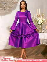 AOMEIDRESS Stylish A Line Dress Long Flare Sleeve 3D Flower Ruffles Purple / S