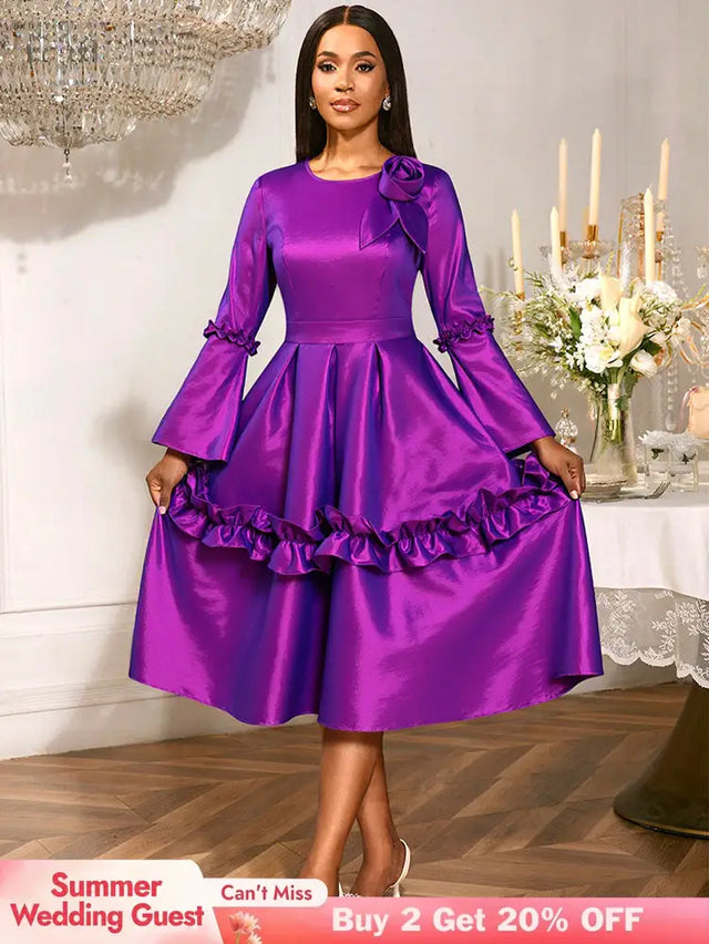 AOMEIDRESS Stylish A Line Dress Long Flare Sleeve 3D Flower Ruffles Purple / S