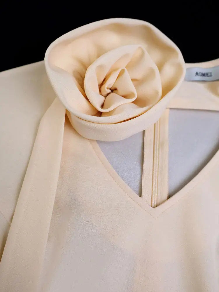 AOMEIDRESS Stylish A Line Pleated Dress V Neck Long Sleeve 3D Flower