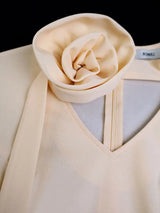 AOMEIDRESS Stylish A Line Pleated Dress V Neck Long Sleeve 3D Flower