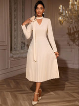 AOMEIDRESS Stylish A Line Pleated Dress V Neck Long Sleeve 3D Flower