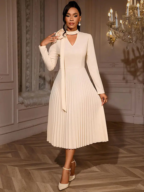 AOMEIDRESS Stylish A Line Pleated Dress V Neck Long Sleeve 3D Flower