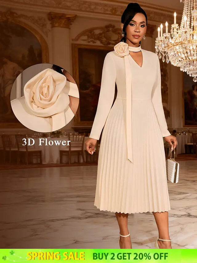 AOMEIDRESS Stylish A Line Pleated Dress V Neck Long Sleeve 3D Flower Apricot / S