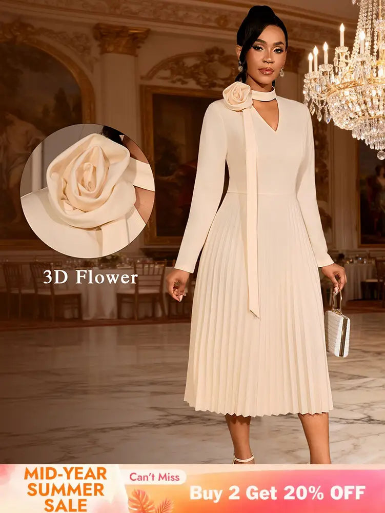 AOMEIDRESS Stylish A Line Pleated Dress V Neck Long Sleeve 3D Flower Apricot / S