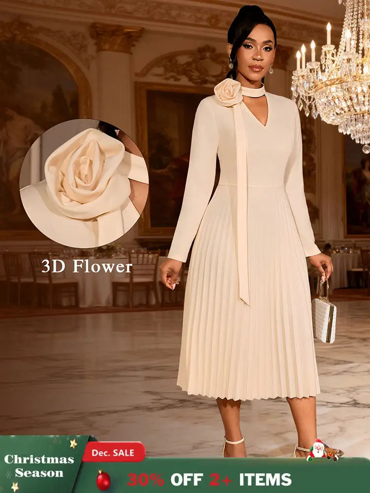 AOMEIDRESS Stylish A Line Pleated Dress V Neck Long Sleeve 3D Flower Apricot / S