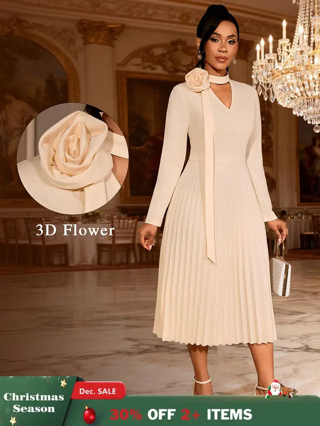 AOMEIDRESS Stylish A Line Pleated Dress V Neck Long Sleeve 3D Flower Apricot / S