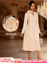 AOMEIDRESS Stylish A Line Pleated Dress V Neck Long Sleeve 3D Flower Apricot / S