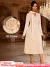 AOMEIDRESS Stylish A Line Pleated Dress V Neck Long Sleeve 3D Flower Apricot / S