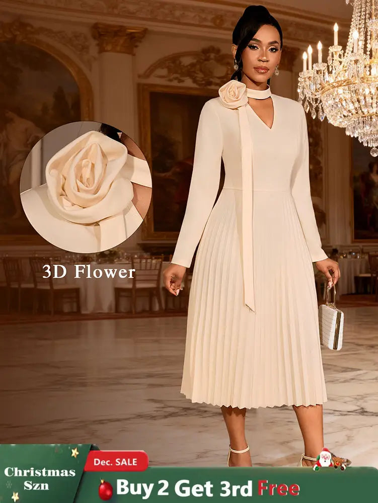 AOMEIDRESS Stylish A Line Pleated Dress V Neck Long Sleeve 3D Flower Apricot / S