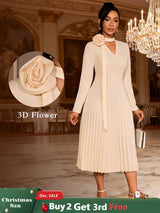 AOMEIDRESS Stylish A Line Pleated Dress V Neck Long Sleeve 3D Flower Apricot / S