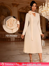 AOMEIDRESS Stylish A Line Pleated Dress V Neck Long Sleeve 3D Flower Apricot / S